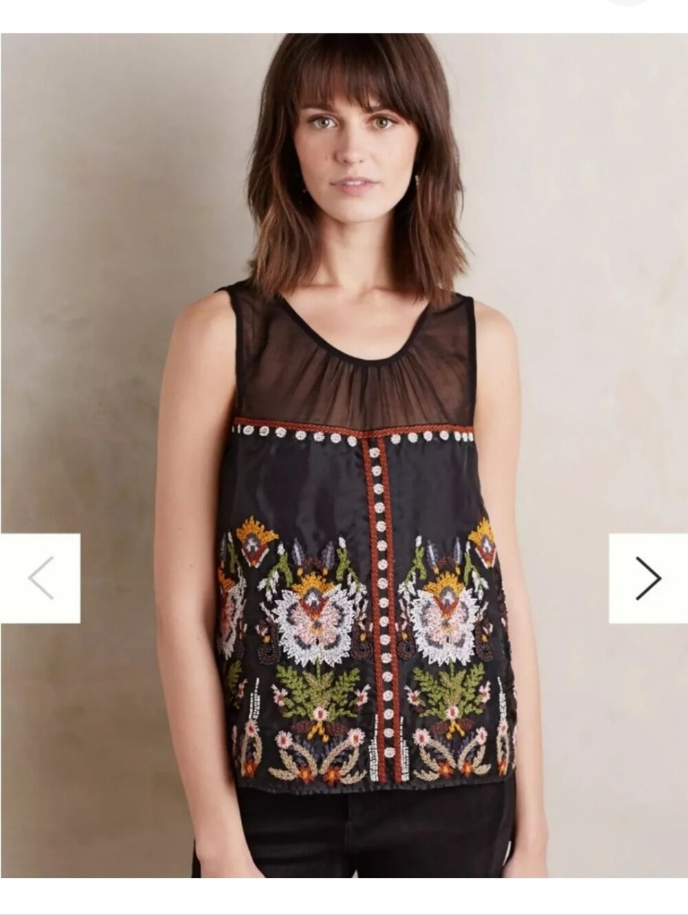 Embroidered Sheer-Yoke Sleeveless Boho Top